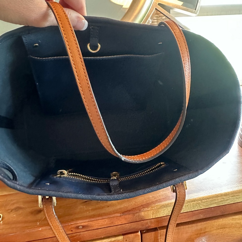 Michael Kors Navy White Striped Saffiano Tote with Tan Straps - Picture 5 of 5